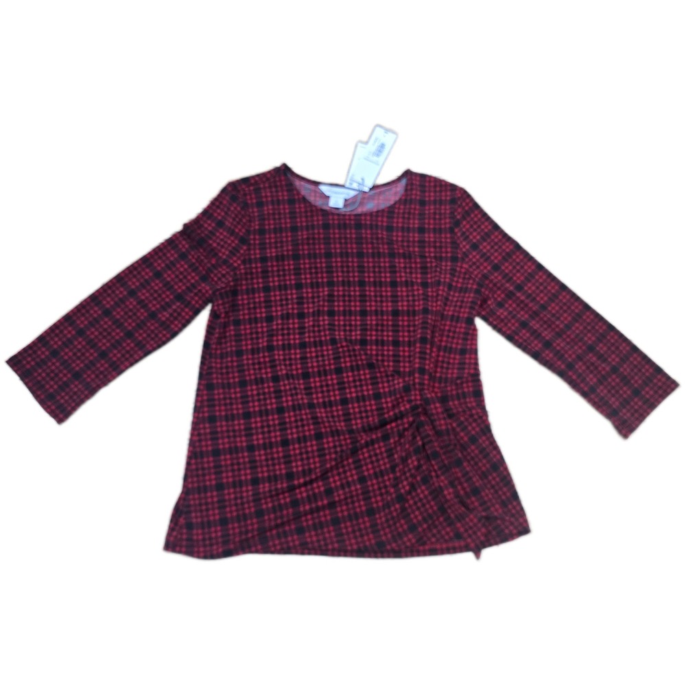 Liz Claiborne Women's Red Black Plaid NWT Gathered Side Long Sleeve Top‎ Size S